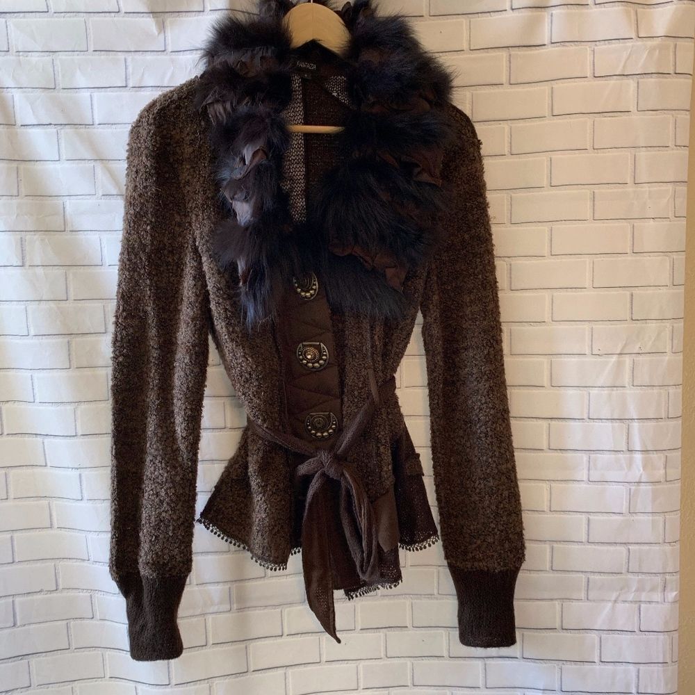 Fantazia Brown Slub Knit Cardigan Fur Collar Sz S‎